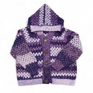 Granny Pop Purple Crochet Hand Knit Cardigan Size Large